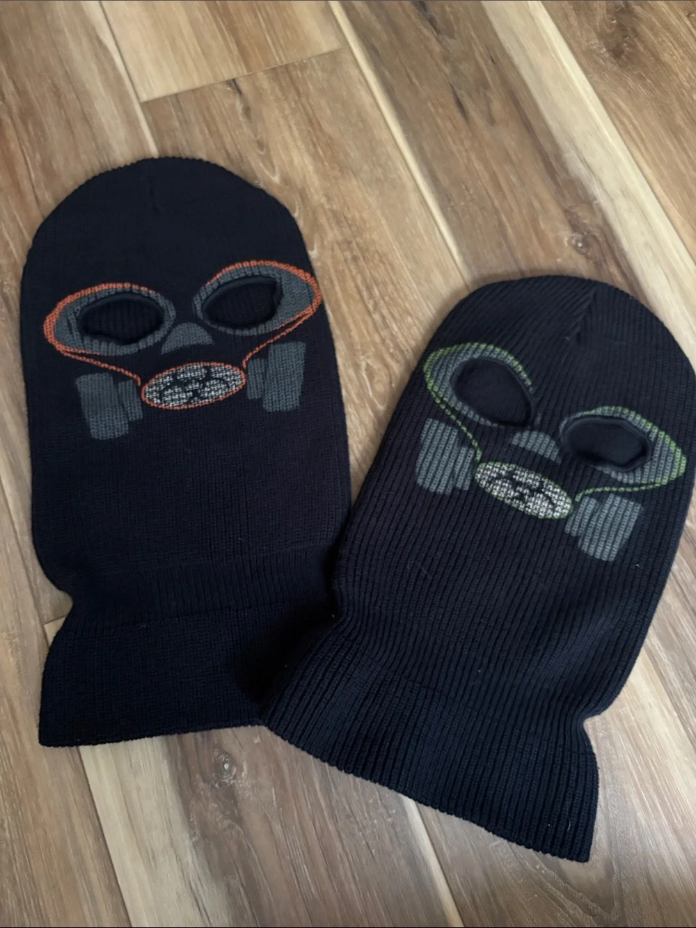 Black Double Ski Mask Pair with Orange and Green Accents NEW